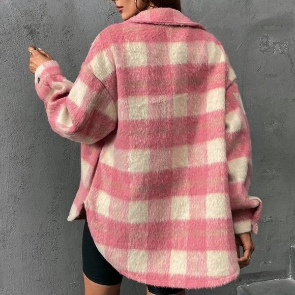 Pink Buffalo Plaid Flap Pocket Drop Shoulder Coat - Picture 3 of 6